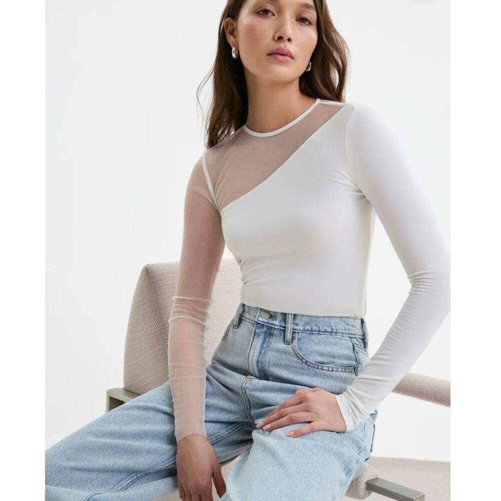 Sheer Panel Long-Sleeve White Top